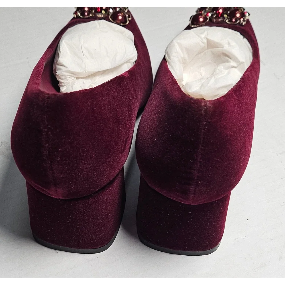 Isaac Mizrahi Live Embellished Velvet‎ Block Heel Pumps Wine Burgundy Womens 7M